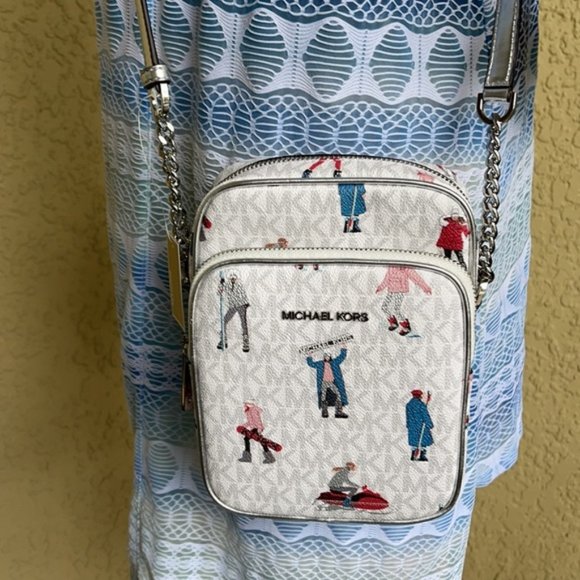 MICHAEL KORS WOMEN LADY SKI GIRL SKIER CHAIN CROSSBODY BAG WHITE LOGO GREY LTH - Picture 15 of 15